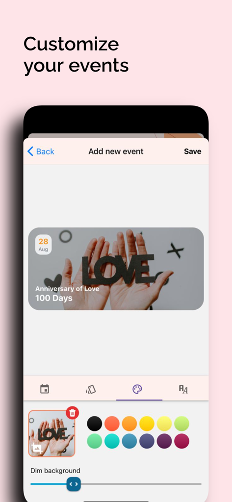 Days - Events Countdown - Daysアプリのカウントダウンイベントカスタマイズ画面。写真の背景やカラーパレットオプションを使用。