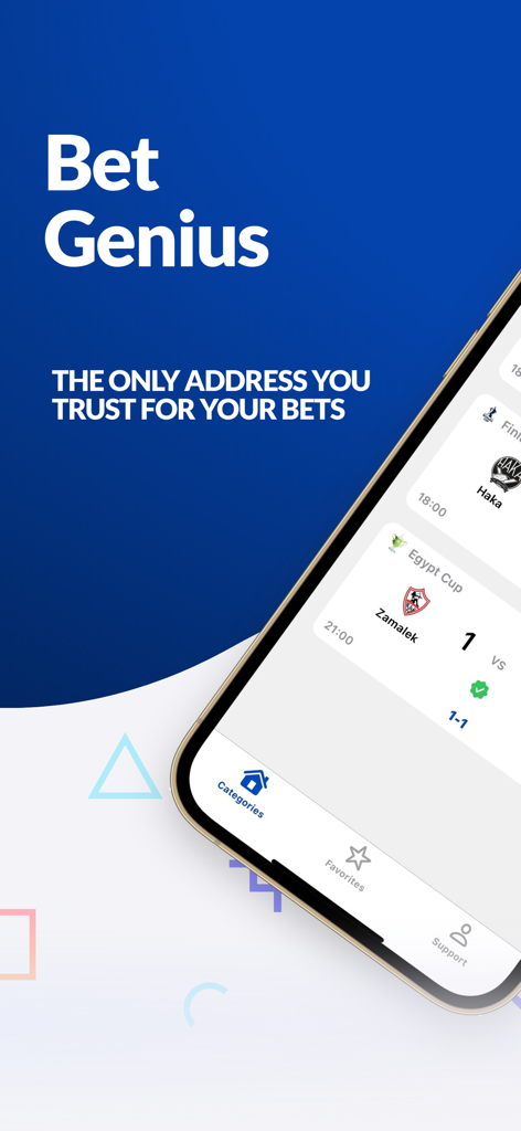 Genius Bet mobile app screen showing sports betting tips and match predictions interface.