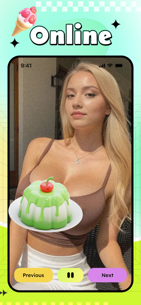 Antii - Adult，GirlFriend Chat - Mobile screen of the Antii app showing a woman's profile with an online status and dessert themed overlays.