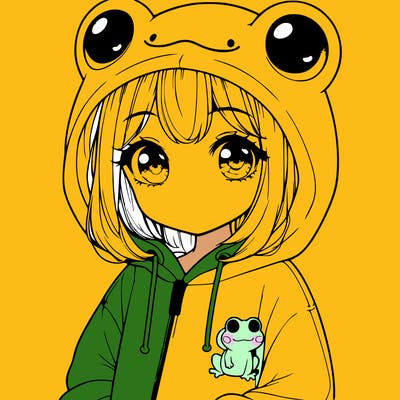 cute realistic girl in a froggy hoodie