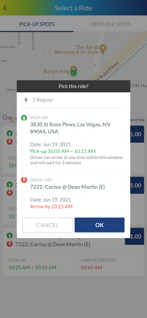 A ride confirmation modal in the RTC-OnDemand app displaying pickup and drop off locations and times in Las Vegas