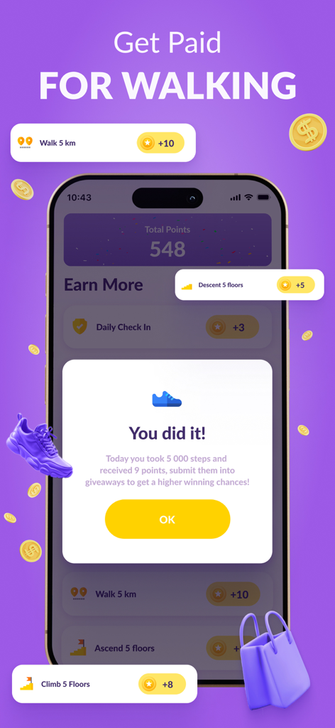 Earn Rewards: Fancy Giveaways - Una captura de pantalla de la aplicación móvil que muestra recompensas y puntos ganados por caminar cinco mil pasos y alcanzar objetivos diarios de fitness.