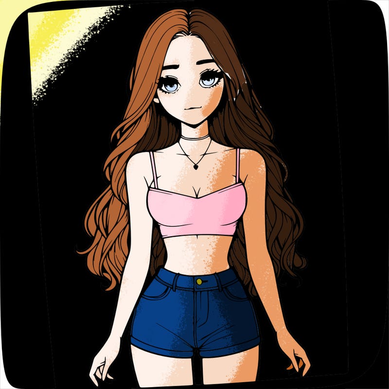 a realistic girl with long hair and in a crop top and shprts