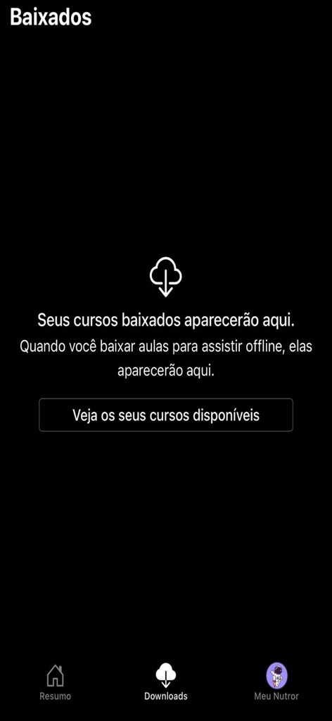 Interface do aplicativo Nutror mostrando a seção de downloads para cursos de aprendizado offline