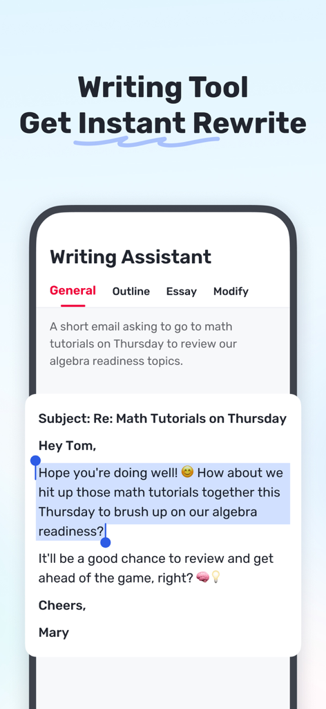 Gauth app Writing Assistant interface showing an AI-generated email rewrite for a student