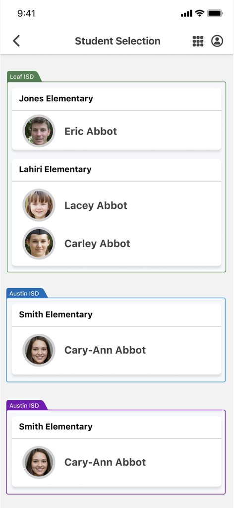 Raptor Safe - Raptor Safe mobile app interface showing the student selection screen with student profiles grouped by school district and school