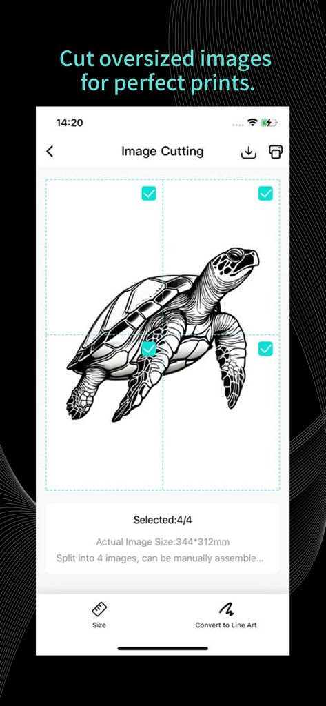 Tattoo Go - Tattoo Go app interface showing a sea turtle design being split into four segments for large stencil printing