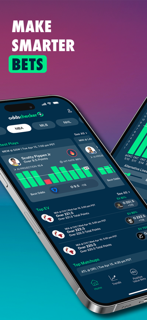 Oddschecker+ AI Betting Tools - Oddschecker Plus AIベットアプリのインターフェース。プレイヤ―プロップとスポーツベットのデータインサイトを表示