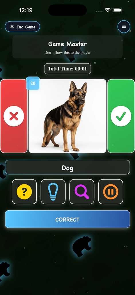 Game Master mode in the 2Q 20 Questions app featuring a German Shepherd dog image.