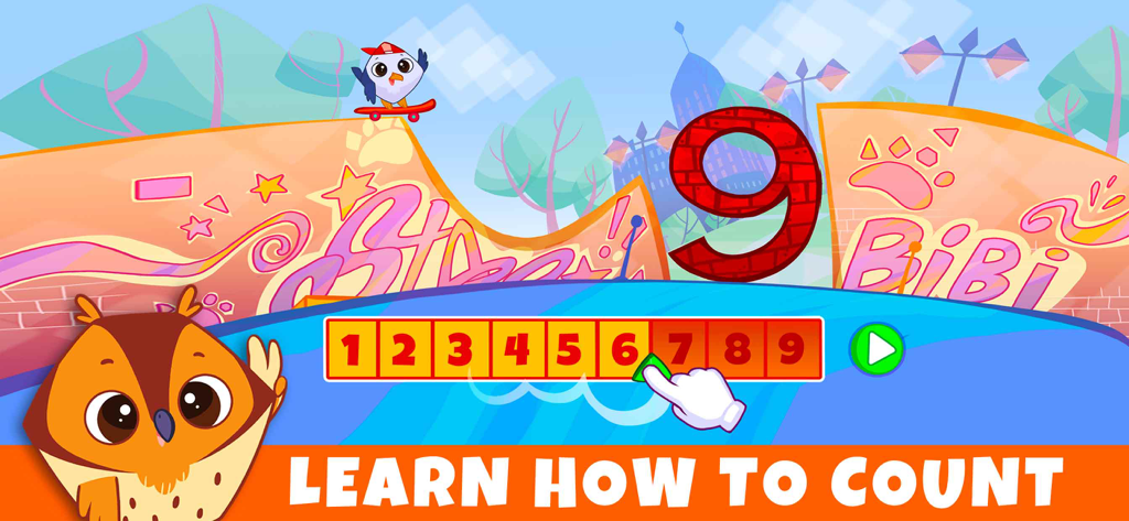 Bibi Numbers 123 - Kids Games - Bibi.Pet characters teaching kids how to count from one to nine in a colorful educational game interface