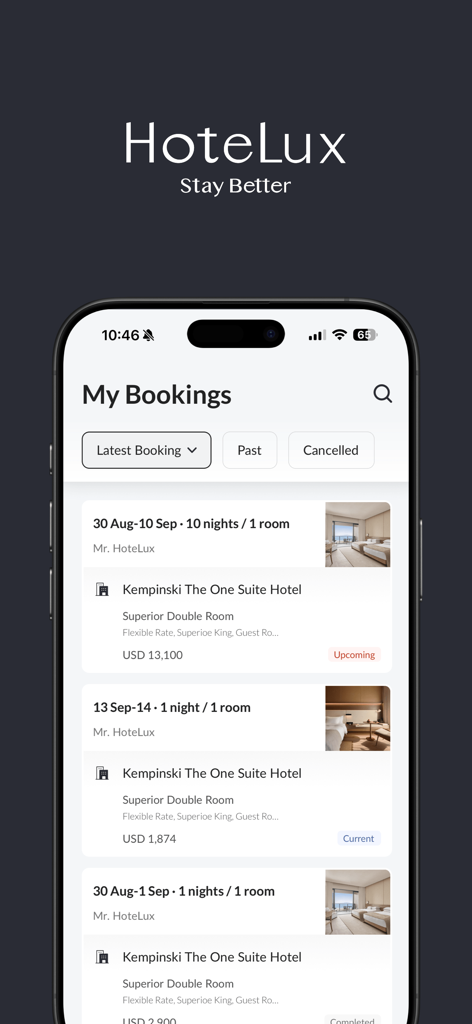 HoteLux: Stay Better - iPhone screen displaying the My Bookings page in the HoteLux luxury travel app with a list of hotel reservations.