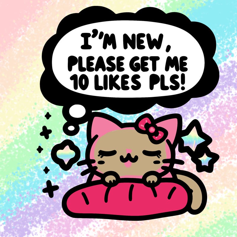 kitty taking a nap dream talking and saying "i'm new, please get me at least 10 likes pls!!"