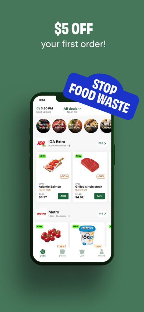 FoodHero mobile app interface showing discounted grocery items at IGA and Metro stores to reduce food waste.