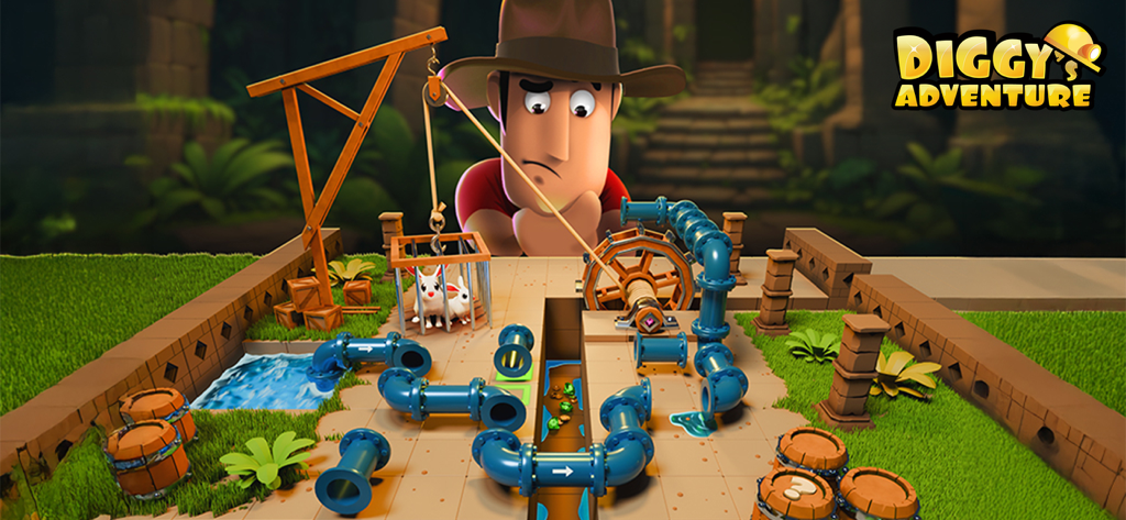 Diggy the explorer solving a pipe and water wheel logic puzzle in an ancient ruins setting