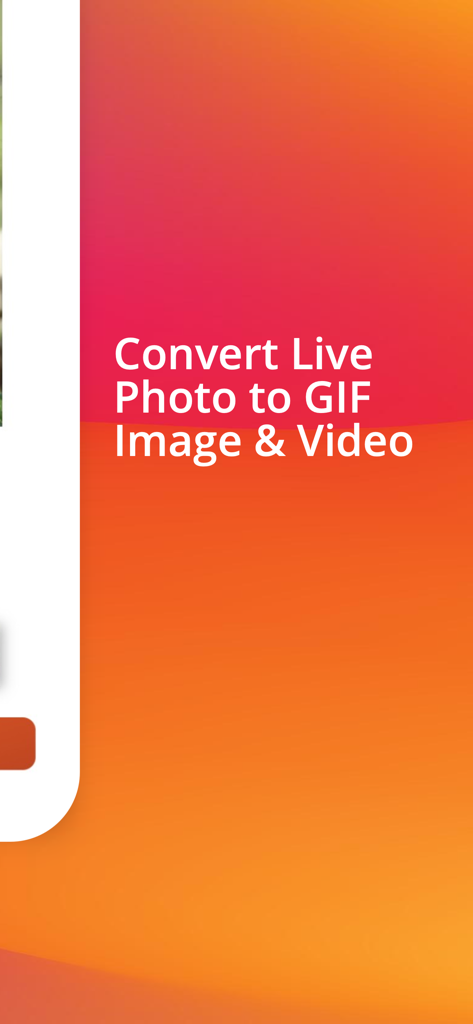 Live Photo Converter . - A promotional graphic for the Live Photo Converter app with text reading Convert Live Photo to GIF Image and Video on an orange and red gradient background.
