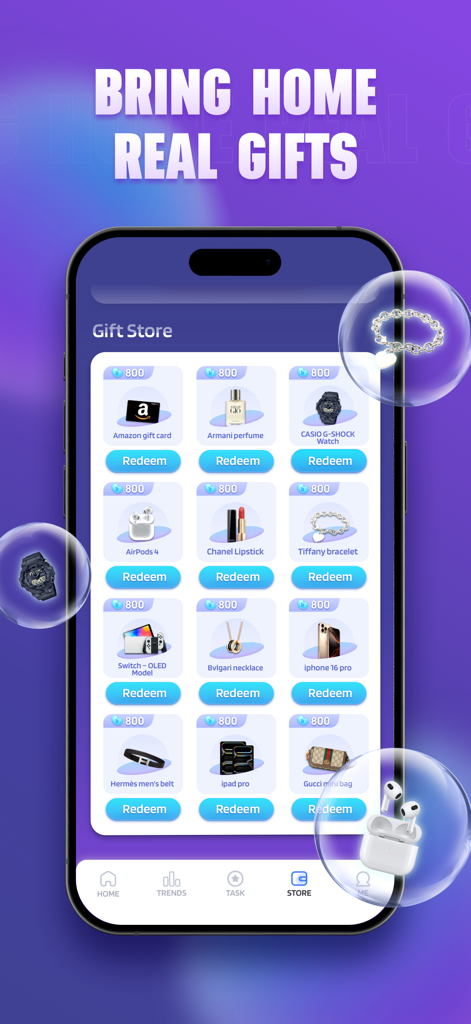 StepBucks: Step into health - Pantalla de la Tienda de Regalos de la aplicación StepBucks mostrando varios premios del mundo real como electrónica y tarjetas de regalo disponibles para canjear