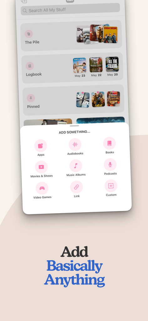 Sofa: Downtime Organizer - Sofa app interface showing options to add books, movies, podcasts, and games to lists
