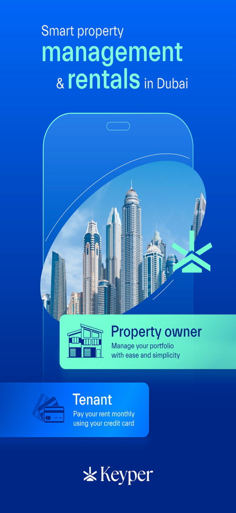 Keyper: Manage & Rent Property - Keyper app interface for property owners to manage portfolios and tenants to pay rent monthly by credit card in Dubai