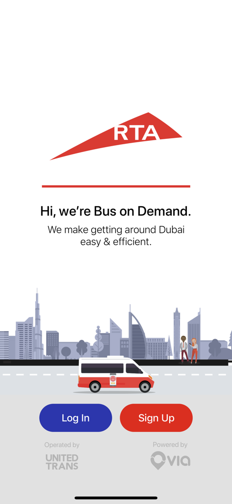 Dubai Bus on Demand welcome screen with Log In and Sign Up buttons over a city skyline illustration