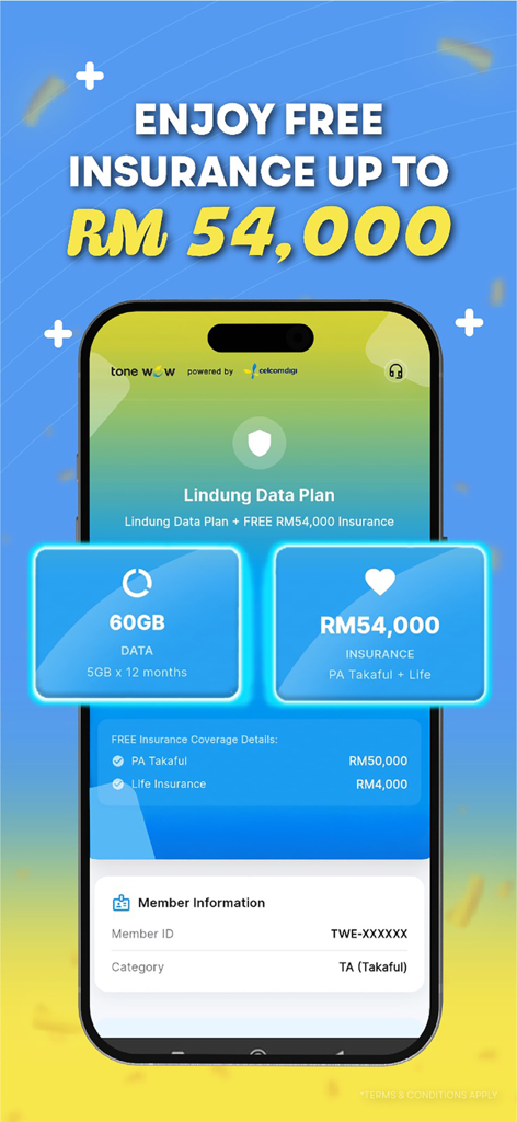 Tone WOW 2.0 - Tone WOW 2.0 app display featuring a Lindung Data Plan with free insurance and 60GB of data.