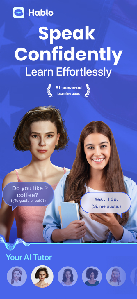 Hablo: Speak & Learn English - Hablo app screen promoting confident English speaking with an AI tutor and bilingual chat bubbles