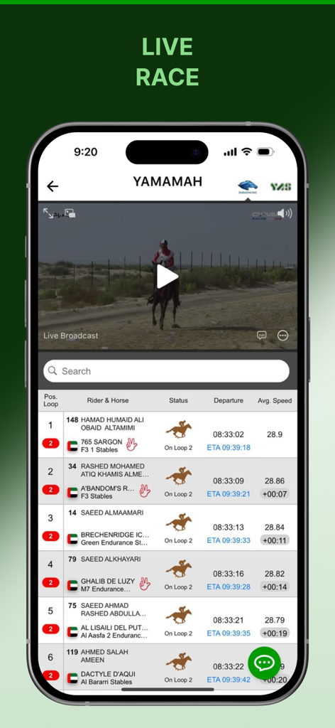 YamamahApp - ライブのエンデュランスレース動画とリアルタイムのライダーリーダーボードを表示するYamamahAppのインターフェース