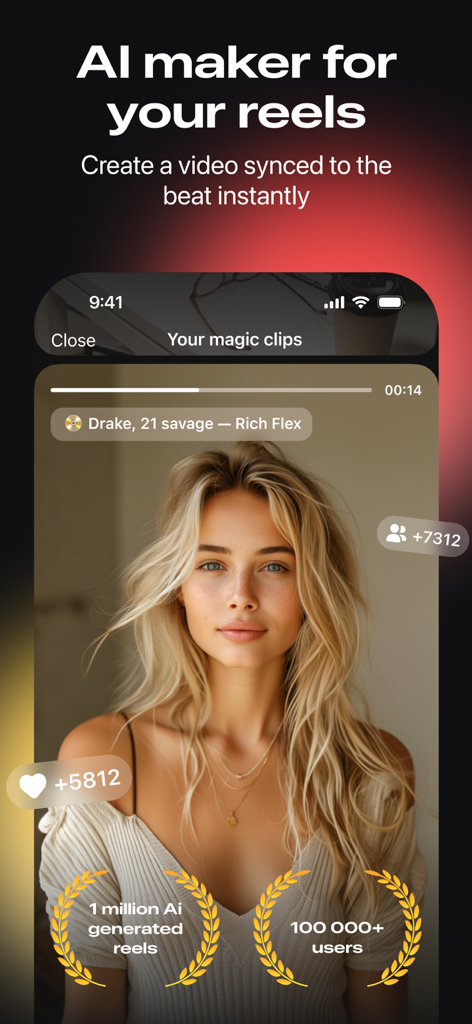 Reels Templates & Maker: CutLy - CutLy mobile app interface showing a beat-synced AI reel maker with social engagement statistics