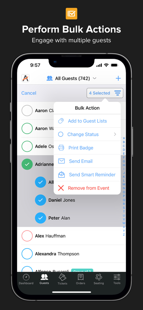 Events & Guest Lists | Diobox - Interface do aplicativo Diobox mostrando um menu de ação em massa para gerenciar vários convidados de eventos simultaneamente