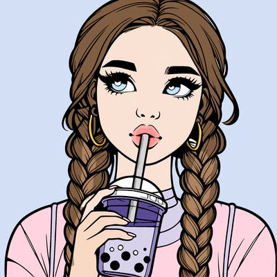 realistic girl with braided hair drinking boba