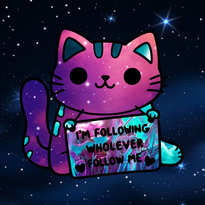 cat with a sign that says i’m following whoever follows me