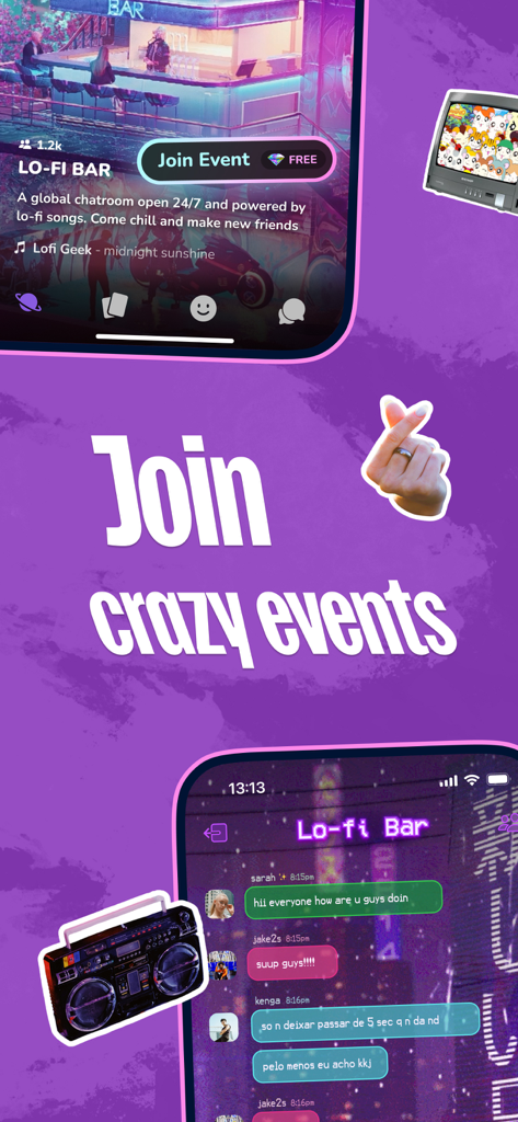 purp - Make new friends - L'interfaccia dell'app purp con una chat room globale a tema bar lo-fi