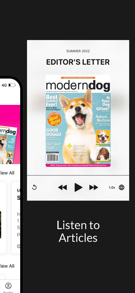 Modern Dog - Modern Dog app interface showing the Listen to Articles feature with audio playback controls and magazine cover.
