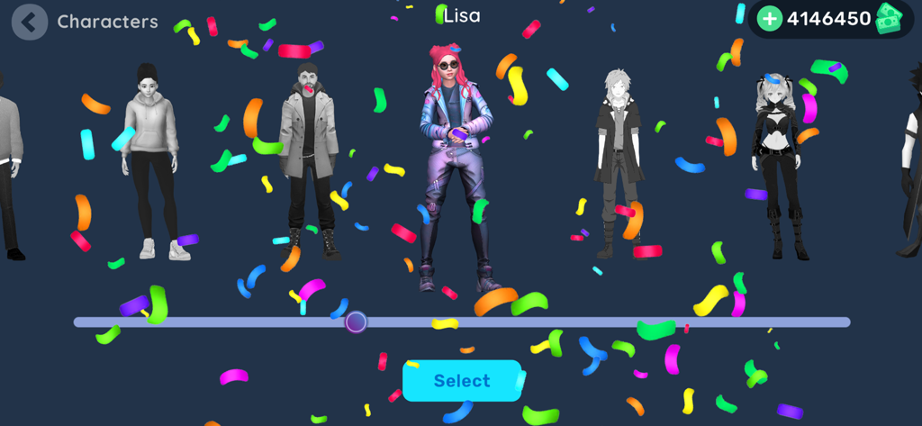 Dance Battle 3D - Character selection menu in Dance Battle 3D featuring the character Lisa and colorful confetti.