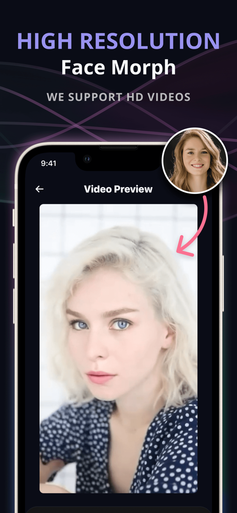 Face Swap Video by DuoFace - DuoFace app displaying a high resolution face morph video preview