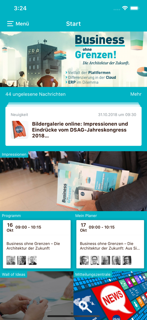 DSAG-Events - Dashboard do aplicativo DSAG-Events exibindo o programa do evento, planejador pessoal e atualizações de notícias.