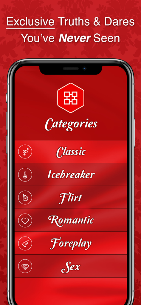 Dirty Game - Hot Truth or Dare - Dirty Game App-Screenshot, der verschiedene Spielkategorien zeigt, darunter Flirt, Romantisch und Sex.