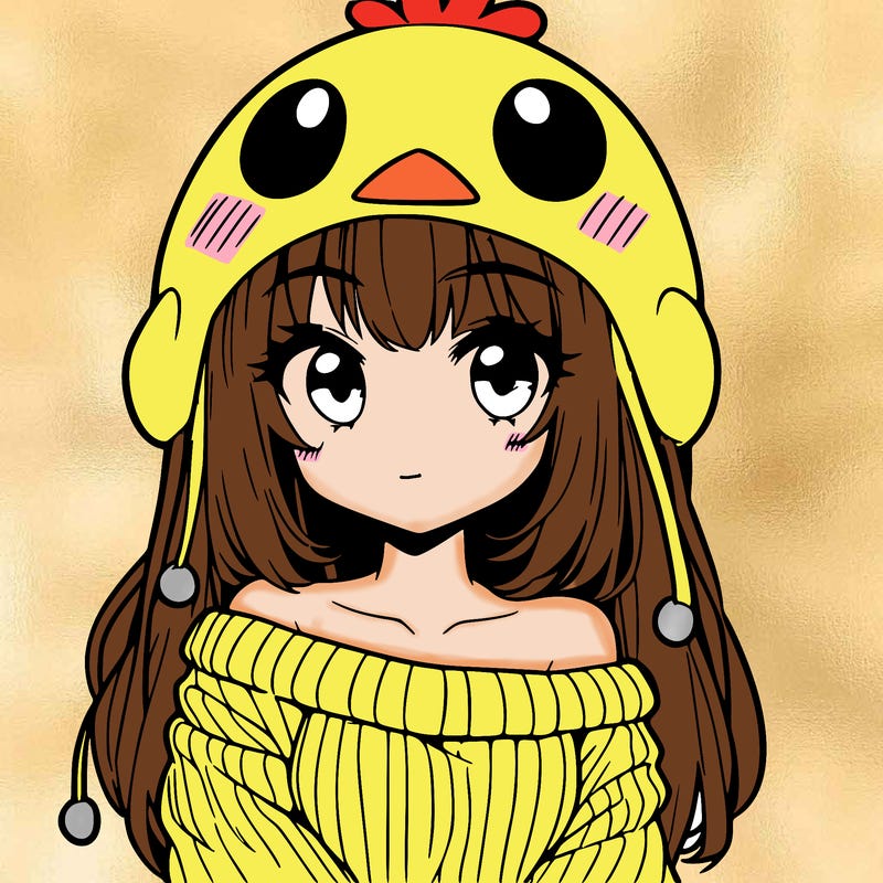 anime girl with chick shaped hat with sweater with bare shoulders with bangs covering them one eye with low tail