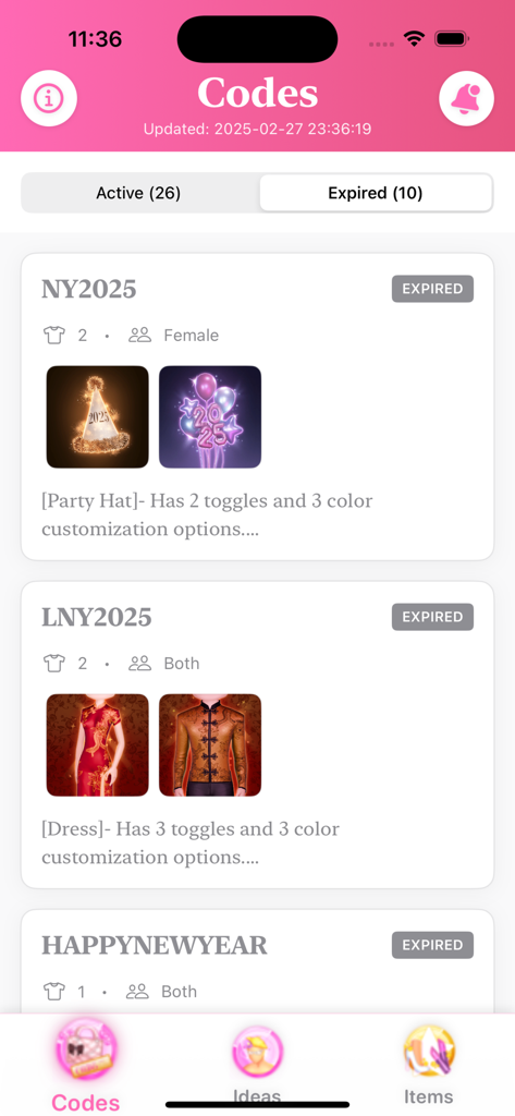 Mobile app screen showing a list of expired Dress to Impress codes with fashion item previews and descriptions