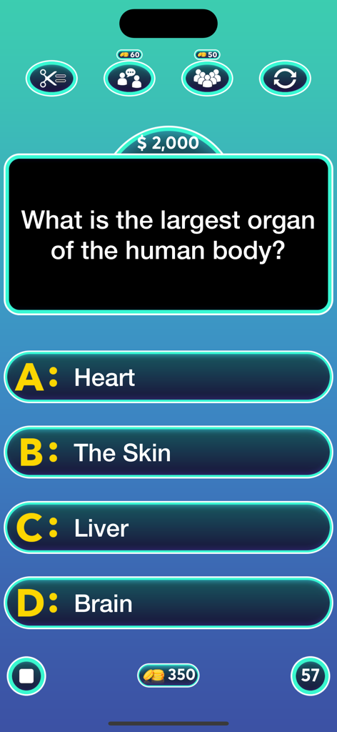 General Knowledge : Quiz Game - A science trivia question about the human body on the General Knowledge Quiz Game interface
