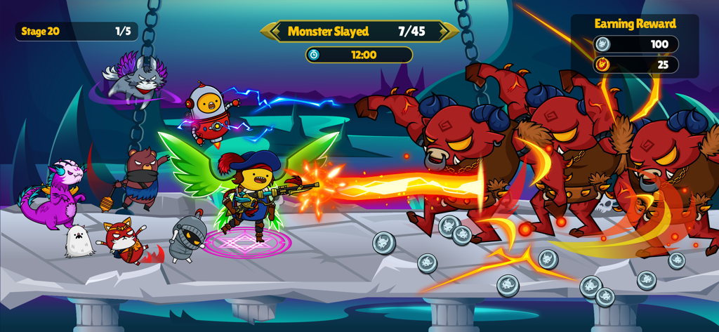 Mr Hero y sus mascotas usando un ataque de rayo de fuego contra monstruos rojos gigantes en una colorida batalla de RPG inactivo.