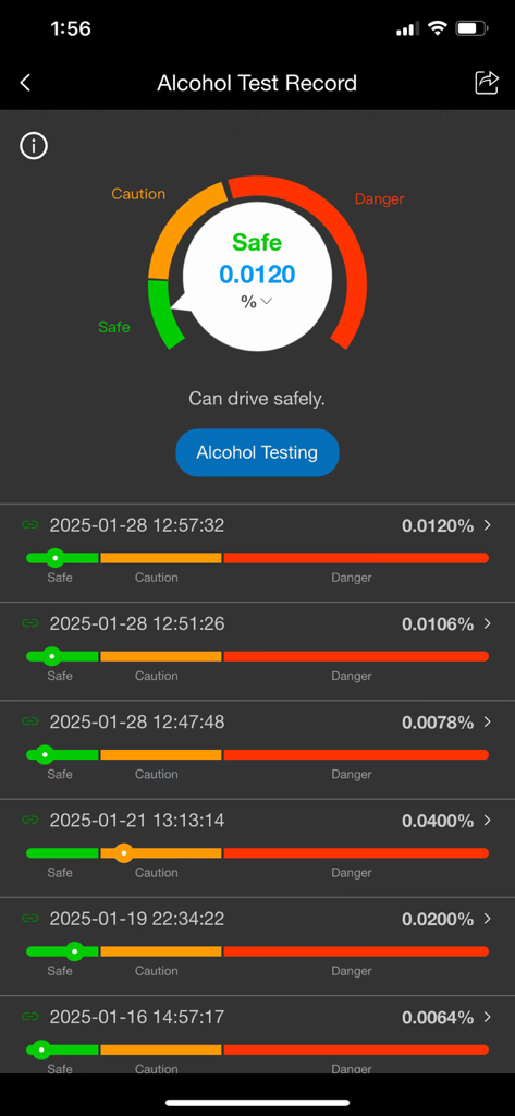 Screen of Alcohol Sensor app showing historical breathalyzer test results and safety status