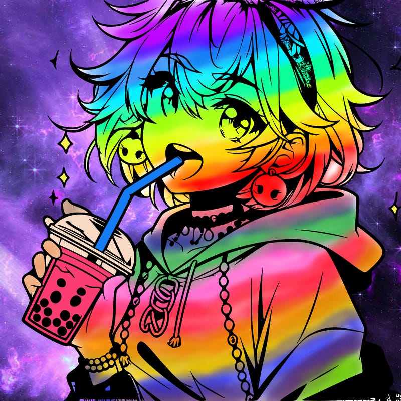 hot baddie anime girl drinking boba and biting the straw