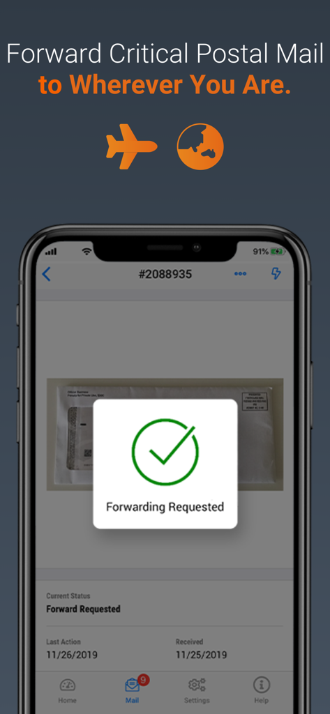 Anytime Mailbox Virtual Mail - Anytime Mailbox app screen showing a successful mail forwarding request confirmation for a digital nomad