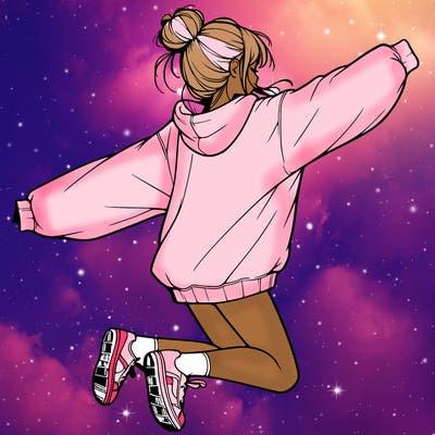 realistic girl jumping with a bun and oversized sweatshirt
