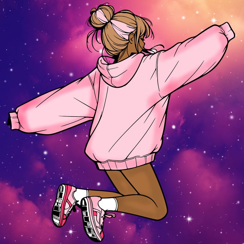 realistic girl jumping with a bun and oversized sweatshirt