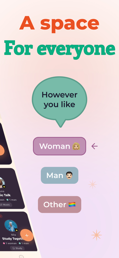 OMG: Live Chat - OMG Live Chat app interface showing inclusive gender identity options including woman man and other