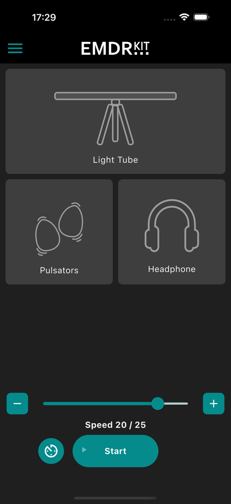 Painel do aplicativo EMDR Kit mostrando opções de controle para pulsadores de tubo de luz e fones de ouvido com controle deslizante de ajuste de velocidade