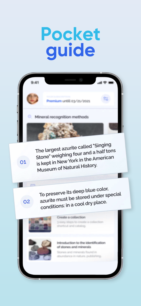 Smartphone screen showing azurite mineral facts and identification tips in a rock identifier app