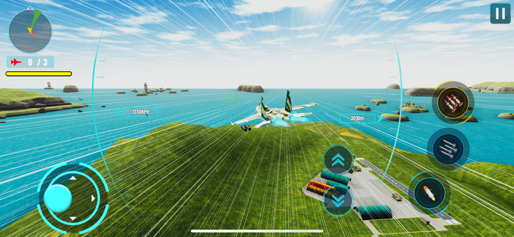 Jet Sky Warriors 3D - A 3D fighter jet flying at high speed over a tropical island and airfield in Jet Sky Warriors 3D