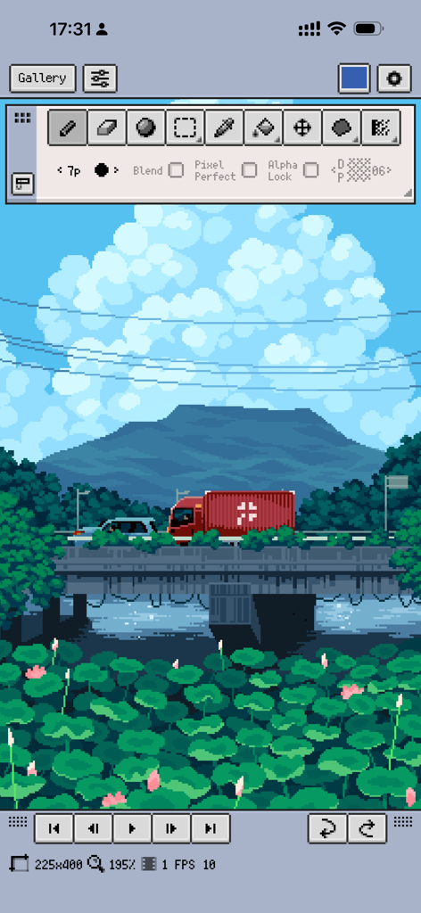 Professional pixel art editor interface showing a detailed landscape illustration with mountains and a bridge